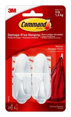 3M Command Medium Designer Hooks 17081es - Gantungan tanpa paku dengan teknologi 'stretch-release' yang menempel kuat dan dilepas tanpa bekas pada permukaan halus.