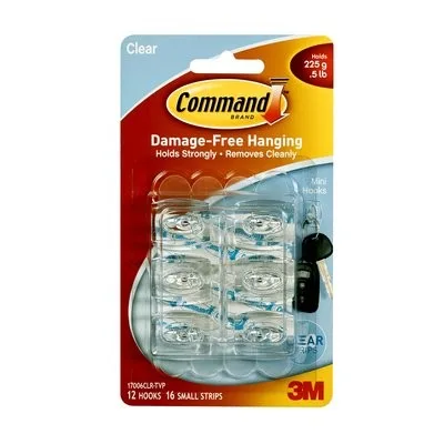 3M Command Mini Clear Hooks 17006clr - Mini Clear Hooks untuk penataan ringkas. Perekat tanpa bekas dengan kapasitas beban 225g.