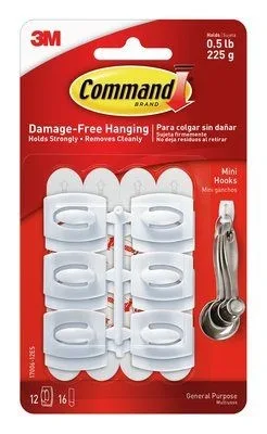 3M Command Mini White Hooks 17006es - Hook mini dengan desain elegan dan perekat 3M yang kuat namun dapat dilepas tanpa bekas hingga beban 225g.