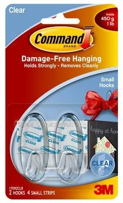 3M Command Small Clear Hooks 17092clr - Clear Hooks tanpa paku untuk penataan efisien. Perekat kuat hingga 450g dengan teknologi tanpa bekas.