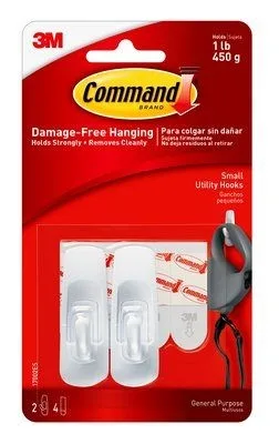 3M Command Small Utility Hooks 17002es - Gantung alat atau peralatan tanpa paku dengan perekat kuat yang dapat dilepas tanpa bekas hingga beban 450g.