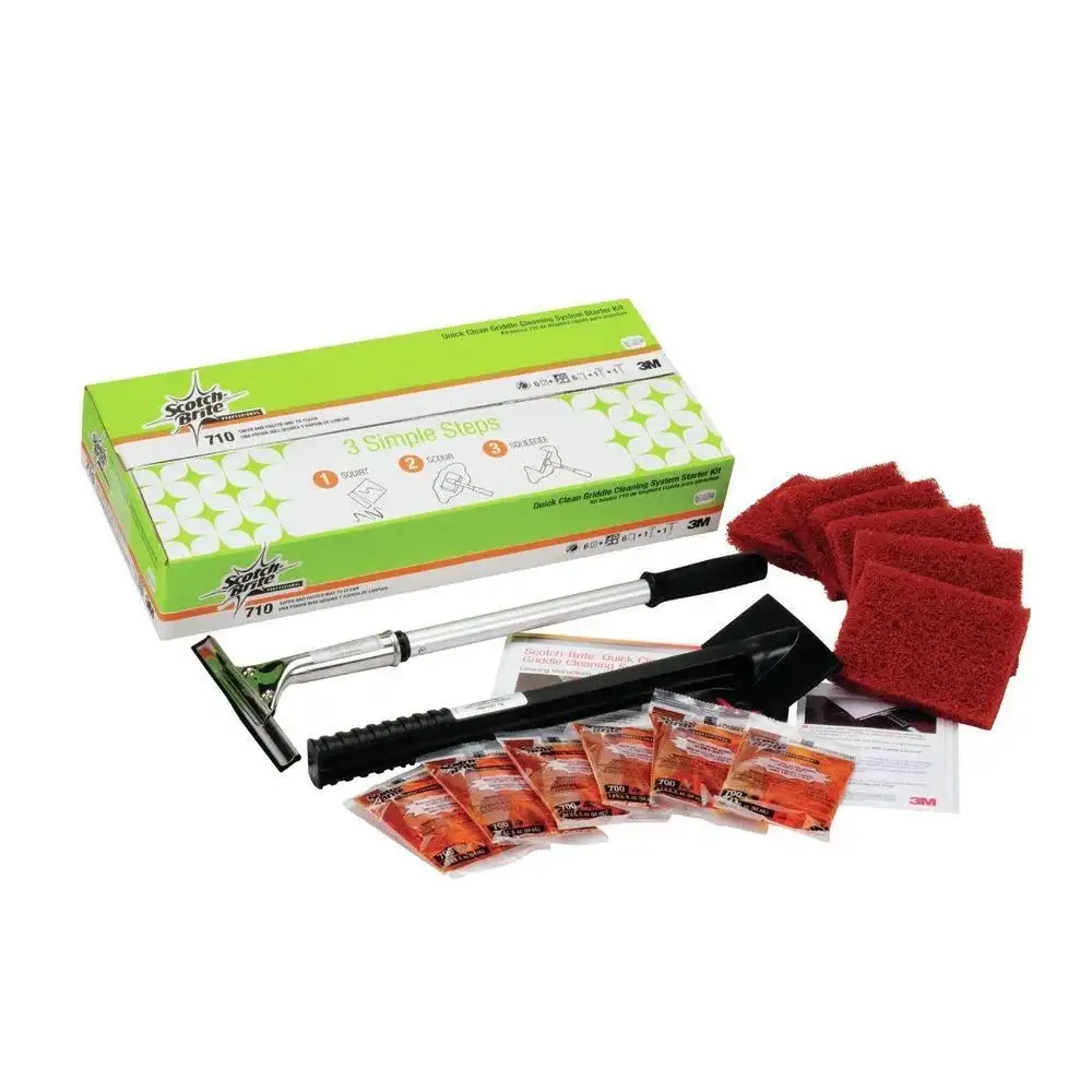 3M Quick Clean Griddle Kit - Kit pembersih griddle 3M yang aman untuk permukaan kontak makanan, meluruhkan sisa karbon, minyak, dan kerak tanpa bau iritasi.
