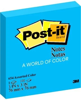 Post-It 654-Mb Sticky Notes Mediterranean Blue 3 X 3" - Sticky notes Post-It 654-Mb berwarna biru Mediterania ukuran 3x3 inci untuk pengorganisasian dokumen.