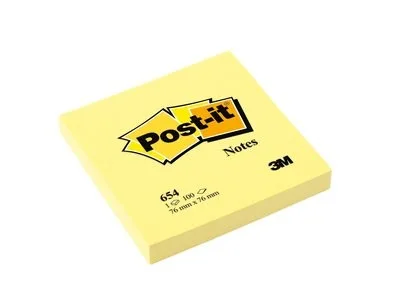Post-It 654 Sticky Notes Yellow 3 X 3" - Catatan tempel Post-It 654 berwarna kuning ukuran 3x3 inci untuk pesan cepat dan pengingat tugas.