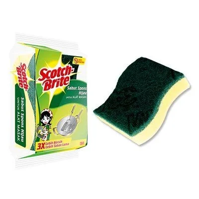 Sabut Spons Hijau Scotch-Brite 3x4" - Sabut spons hijau Scotch-Brite 3x4" untuk membersihkan area dapur dengan ukuran kompak dan efektif.